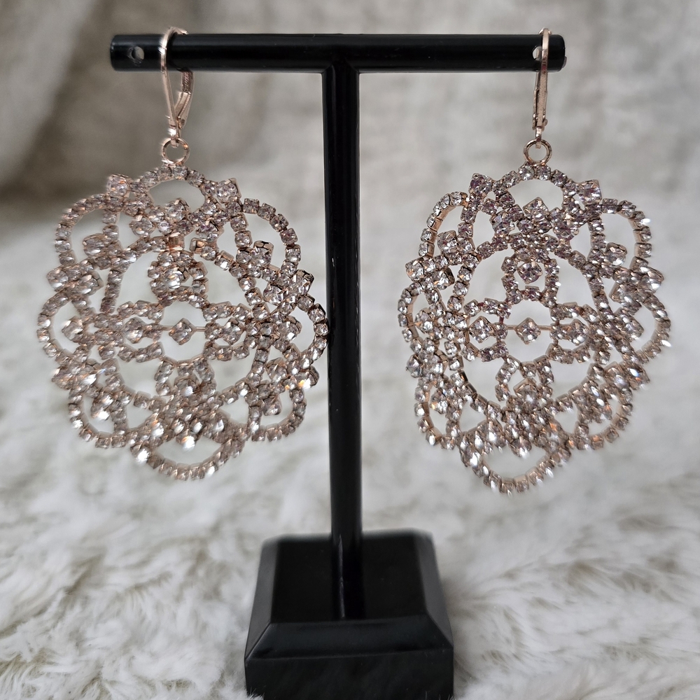 Rose Gold Tone Sparkling Filigree Dangle‎ Earrings